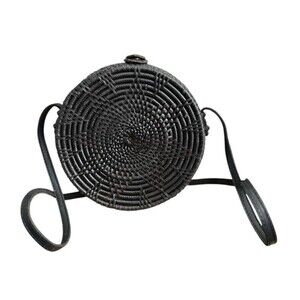 Ameriii Purse Woven Round Rattan Bag Straw Wicker Cross Body Leather Strap Black